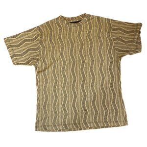 Vintage Style Tan & Brown Wavy Pattern Short Sleeve Sweater Shirt XL
